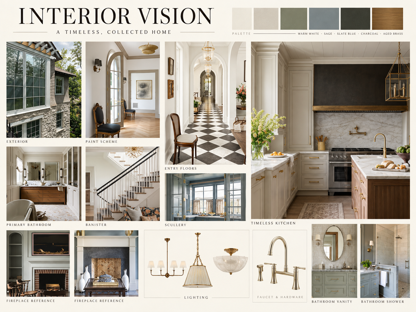 Interior vision board for F Street Homes — curated finishes including checkerboard entry floors, timeless kitchen, scullery, banister, fireplace, lighting, and bath details